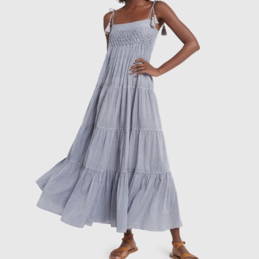 MIRTH Mykonos Maxi Blue Chambray Tassel Embroidered Boho‎ Dress Large